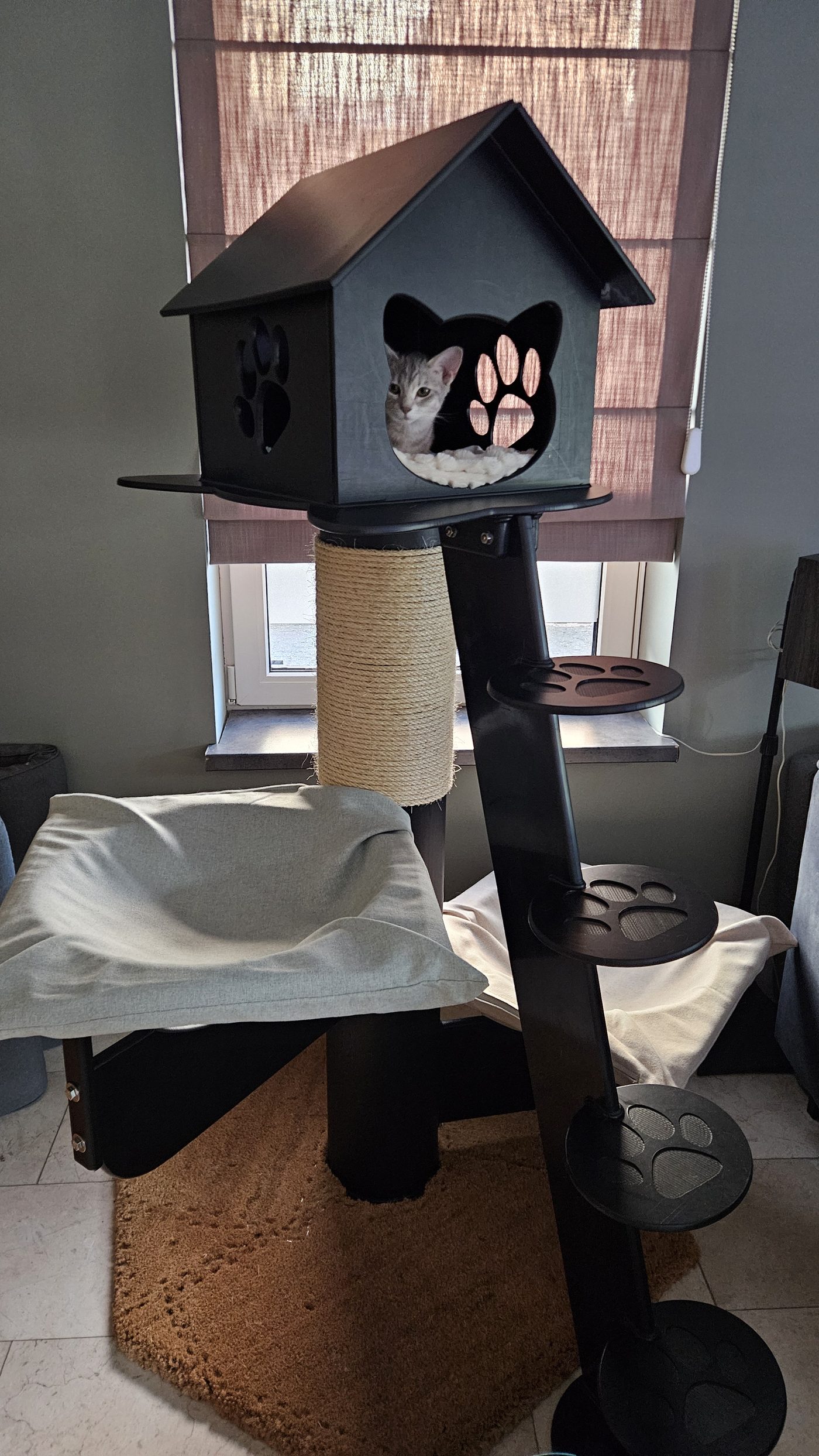 Krabpaal in HDPE met kattenhuisje met kattenkop en pootafdrukken, een kat kijkt naar buiten